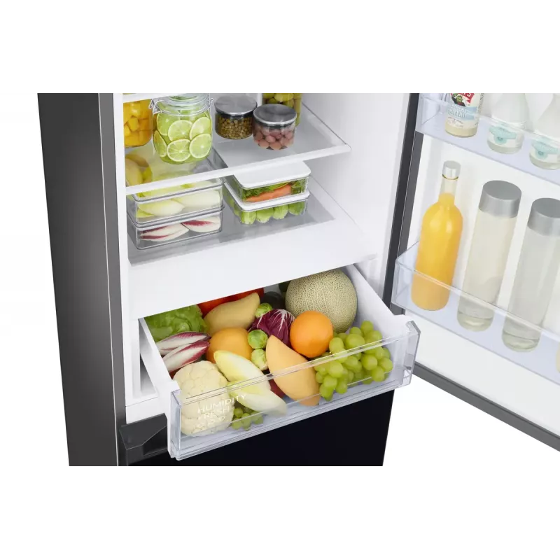Frigorífico de livre instalação Samsung RB38C6B2E22 com No Frost, abertura da porta à direita, 35 dB, classe de eficiência energética E, capacidade de congelação 8 kg/24h, 4 prateleiras, 2 gavetas de legumes, preto