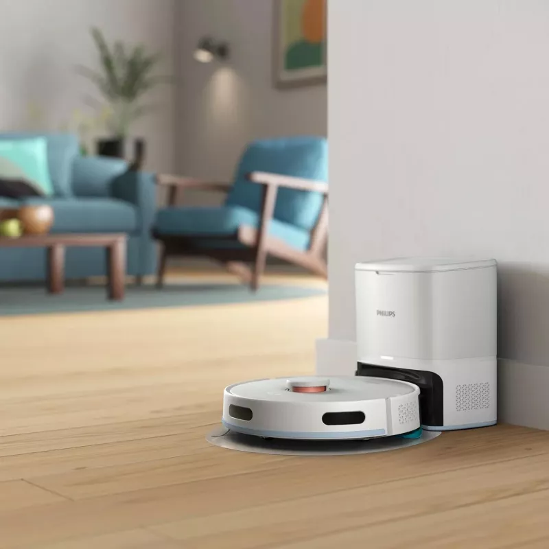 Aspirador robô Philips XU2100/20 — navegação LDS redonda, 2700 Pa de potência de aspiração, 130 min de autonomia, estação de base com esvaziamento automático, saco de pó da base de 3 L, depósito de pó de 0,38 L, Li-Ion 2600 mAh