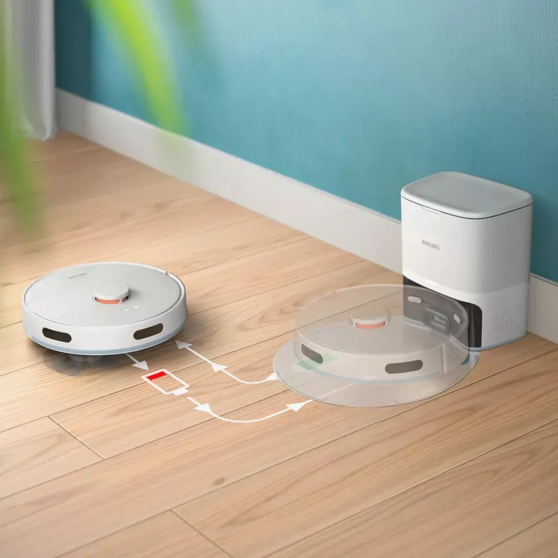 Aspirador robô Philips XU2100/20 — navegação LDS redonda, 2700 Pa de potência de aspiração, 130 min de autonomia, estação de base com esvaziamento automático, saco de pó da base de 3 L, depósito de pó de 0,38 L, Li-Ion 2600 mAh