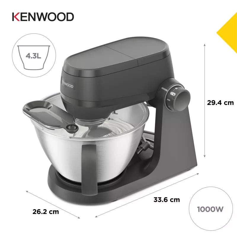 Robot de cozinha Kenwood KHC30.070GY — 1000 W, taça de aço inoxidável de 4,3 L, botão rotativo, cinzento