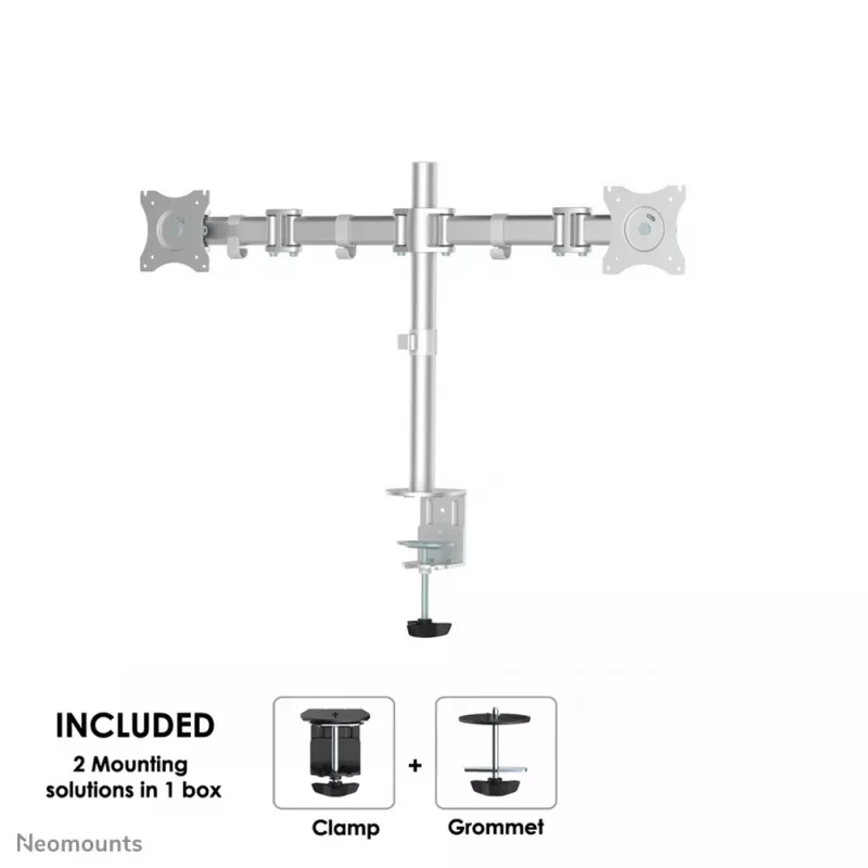Neomounts NM-D135DSILVER Suporte para monitor 10-27 inch, fixação por mordente/por furo na mesa, 8 kg, 25,4 cm (10 inch), 68,6 cm (27 inch), 100 x 100 mm, Prateado