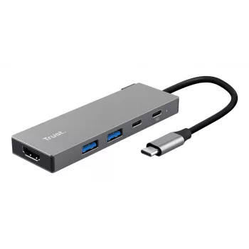 Hub USB Type-C TRUST 26062 — HDMI + USB 3.2 Gen 1 Type-A e Type-C, Cinzento, 5 portas
