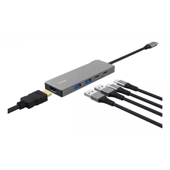 Hub USB Type-C TRUST 26062 — HDMI + USB 3.2 Gen 1 Type-A e Type-C, Cinzento, 5 portas