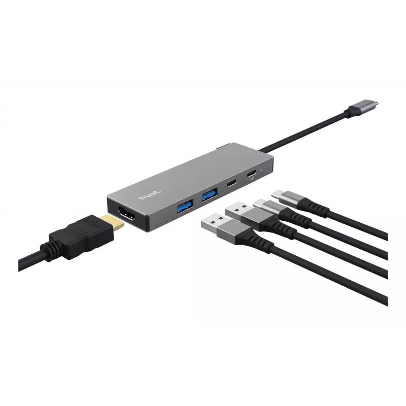 Hub USB Type-C TRUST 26062 — HDMI + USB 3.2 Gen 1 Type-A e Type-C, Cinzento, 5 portas