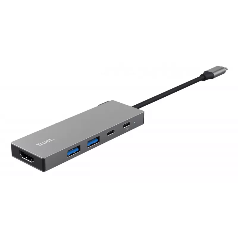 Hub USB Type-C TRUST 26062 — HDMI + USB 3.2 Gen 1 Type-A e Type-C, Cinzento, 5 portas