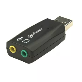 Adaptador de som Manhattan USB-A, USB-A para entrada de microfone e saída de áudio de 3,5 mm, 480 Mbit/s (USB 2.0), suporta som surround 3D e virtual 5.1, Hi-Speed USB, preto, três anos de garantia