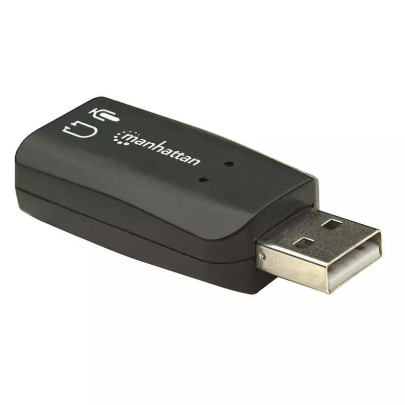 Adaptador de som Manhattan USB-A, USB-A para entrada de microfone e saída de áudio de 3,5 mm, 480 Mbit/s (USB 2.0), suporta som surround 3D e virtual 5.1, Hi-Speed USB, preto, três anos de garantia