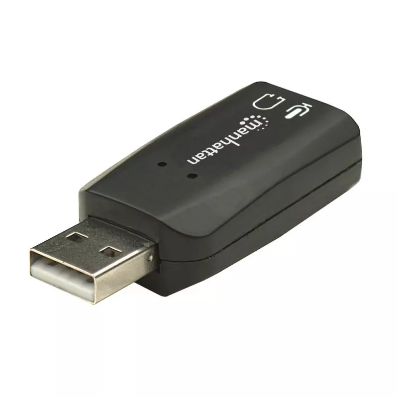 Adaptador de som Manhattan USB-A, USB-A para entrada de microfone e saída de áudio de 3,5 mm, 480 Mbit/s (USB 2.0), suporta som surround 3D e virtual 5.1, Hi-Speed USB, preto, três anos de garantia