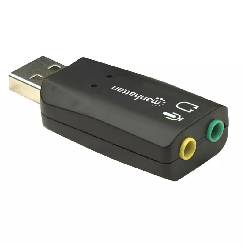 Adaptador de som Manhattan USB-A, USB-A para entrada de microfone e saída de áudio de 3,5 mm, 480 Mbit/s (USB 2.0), suporta som surround 3D e virtual 5.1, Hi-Speed USB, preto, três anos de garantia