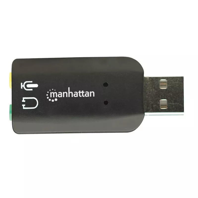 Adaptador de som Manhattan USB-A, USB-A para entrada de microfone e saída de áudio de 3,5 mm, 480 Mbit/s (USB 2.0), suporta som surround 3D e virtual 5.1, Hi-Speed USB, preto, três anos de garantia