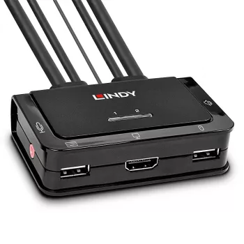 Comutador KVM Lindy 2 portas HDMI 4K30, USB 2.0 e áudio com cabo, 1920 x 1080 píxeis, preto