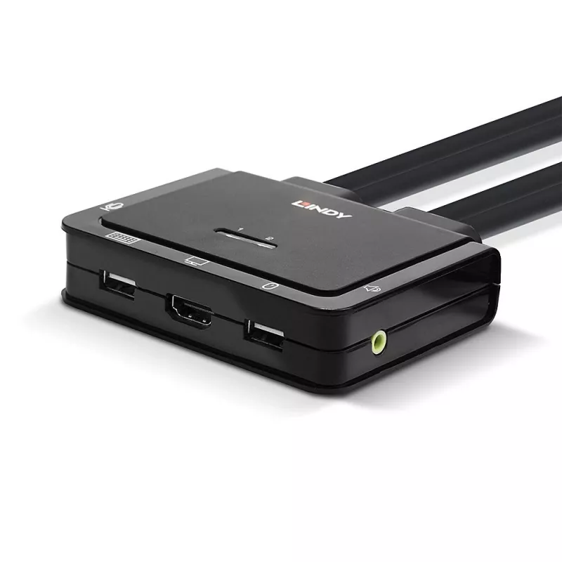 Comutador KVM Lindy 2 portas HDMI 4K30, USB 2.0 e áudio com cabo, 1920 x 1080 píxeis, preto