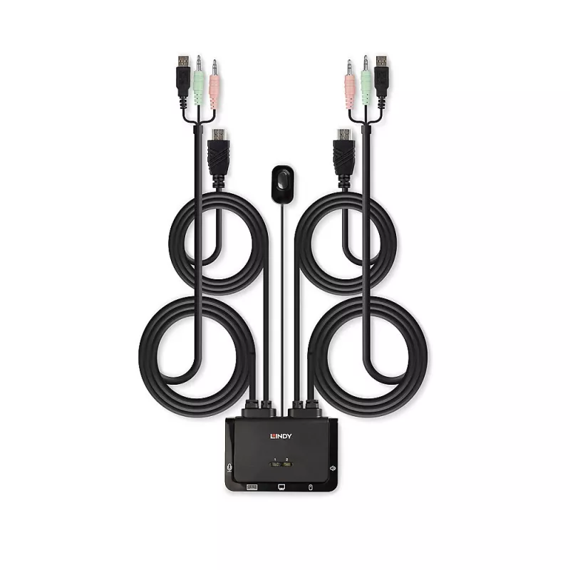 Comutador KVM Lindy 2 portas HDMI 4K30, USB 2.0 e áudio com cabo, 1920 x 1080 píxeis, preto