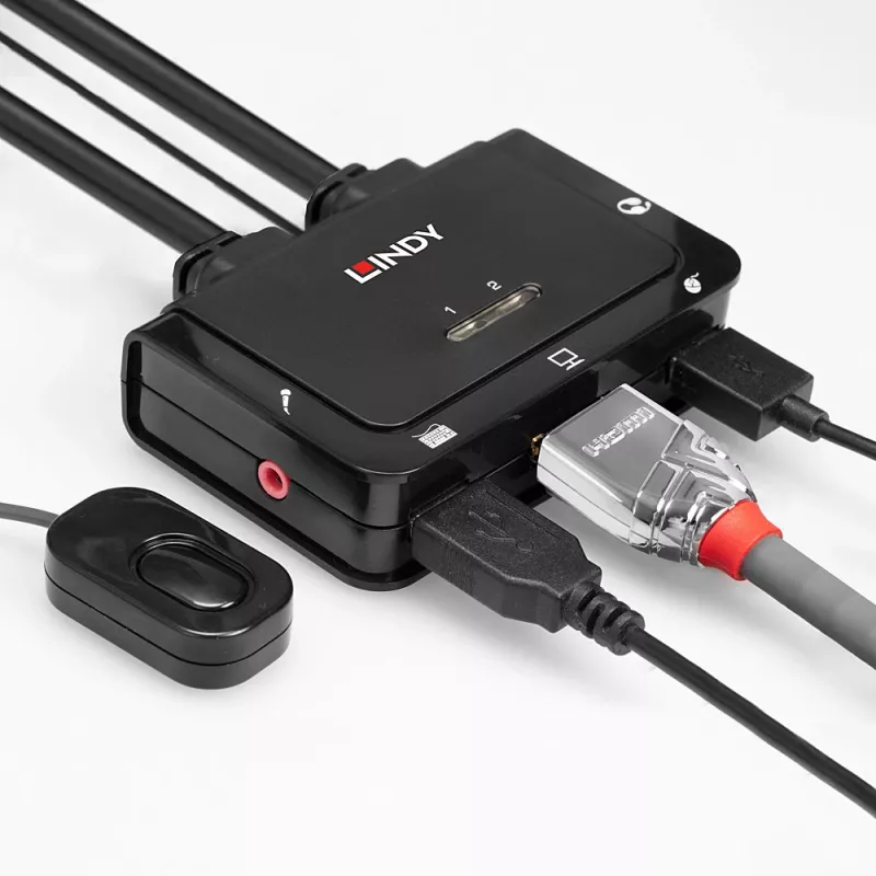 Comutador KVM Lindy 2 portas HDMI 4K30, USB 2.0 e áudio com cabo, 1920 x 1080 píxeis, preto