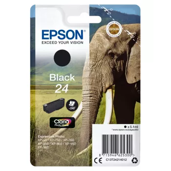 Epson Elephant Singlepack preto 24 tinta Claria Photo HD, preto, tinta pigmentada, 5,1 ml, 1 unid., 240 páginas, pack individual