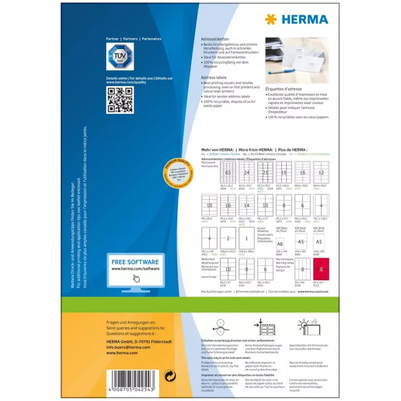 Etiquetas de endereço Premium HERMA A4 38,1x21,2 mm 6500 unid.