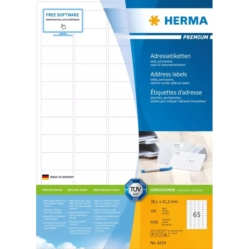 Etiquetas de endereço Premium HERMA A4 38,1x21,2 mm 6500 unid.