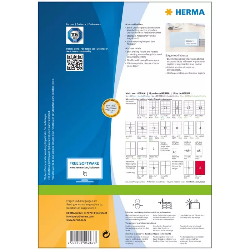 Etiquetas de endereço autoadesivas HERMA Premium A4 99,1x33,8 mm 1600 unid.
