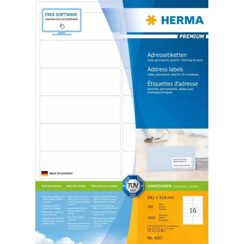 Etiquetas de endereço autoadesivas HERMA Premium A4 99,1x33,8 mm 1600 unid.