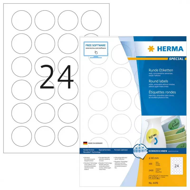 Etiquetas autoadesivas HERMA removíveis A4 Ø 40 mm 2400 unid.
