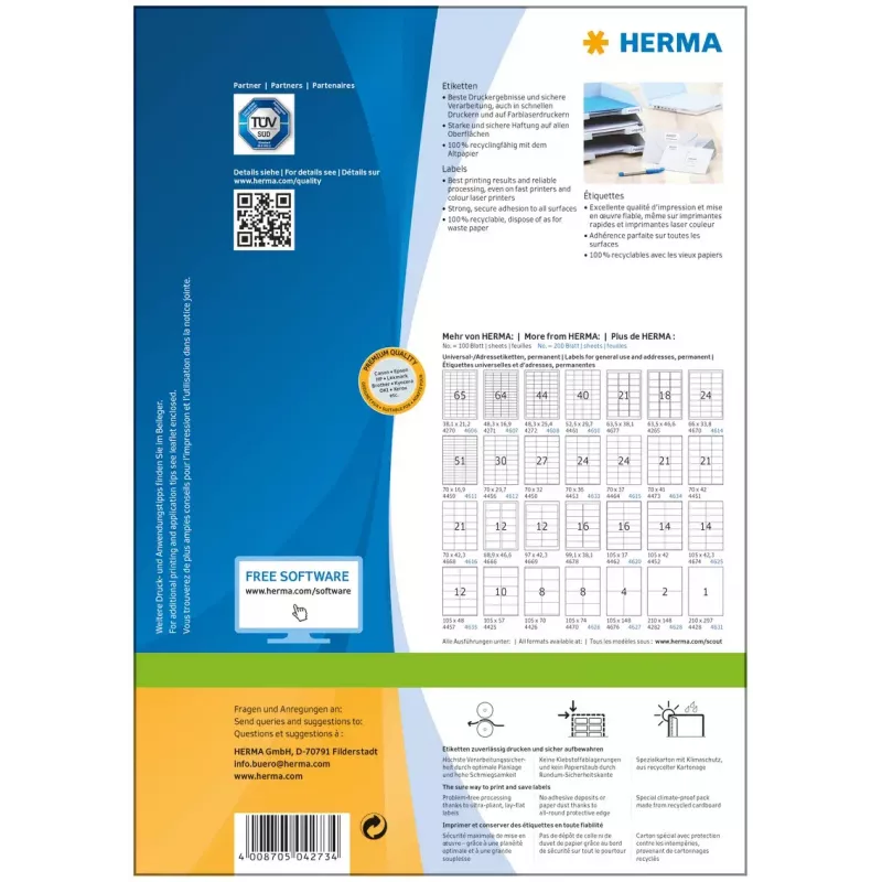 Etiquetas autocolantes para impressora HERMA Labels Premium A4 52,5x21,2 mm
