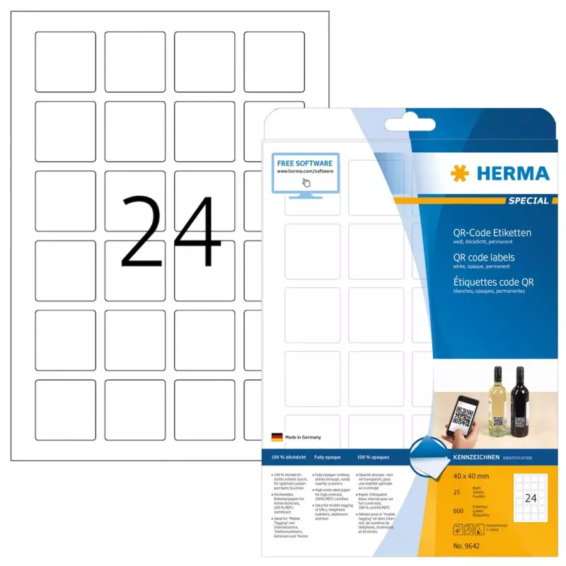 Etiquetas de código QR HERMA 9642 A4 40x40 mm quadrado papel branco