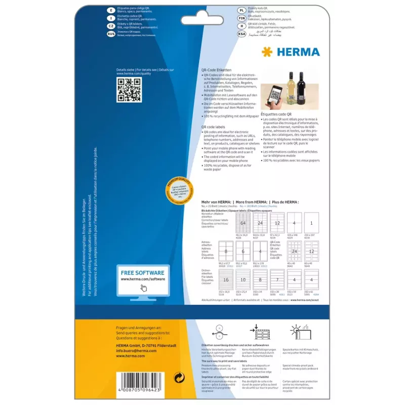Etiquetas de código QR HERMA 9642 A4 40x40 mm quadrado papel branco
