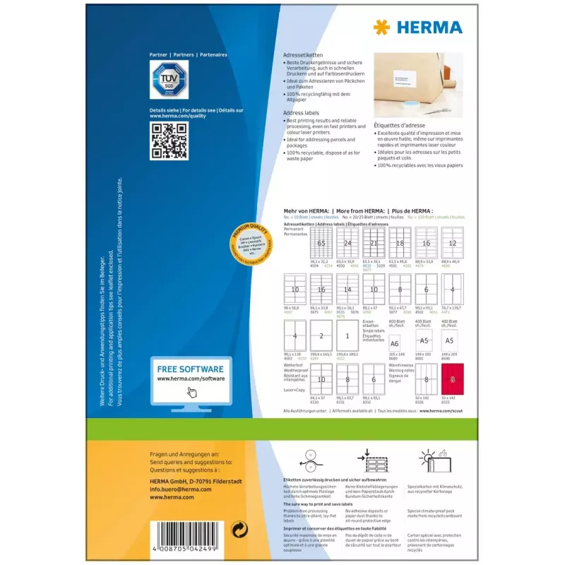 Etiquetas de endereço Premium HERMA A4 199,6x143,5 mm 200 unidades