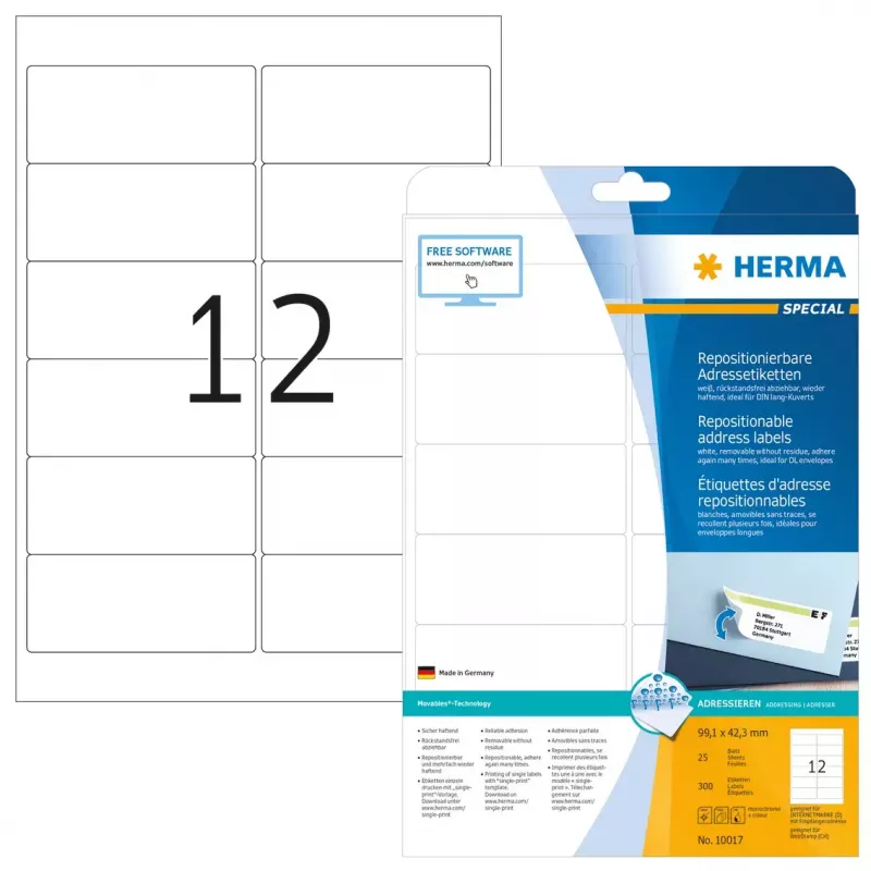 Etiquetas de endereço removíveis HERMA 10017 A4 99,1x42,3 mm