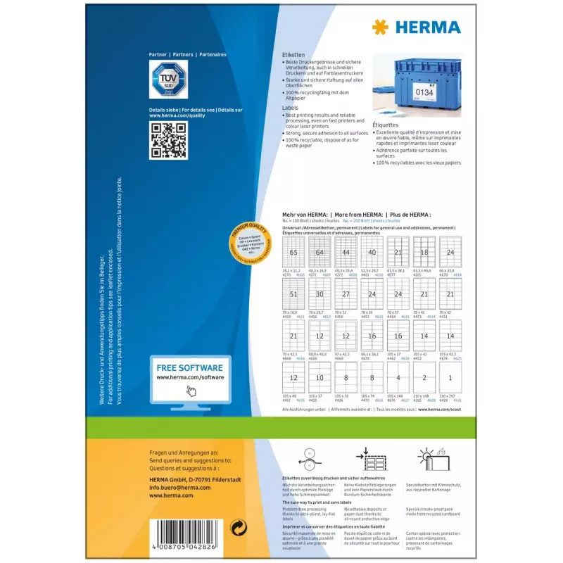 Etiquetas autocolantes para impressora HERMA Labels Premium A4 210x148 mm