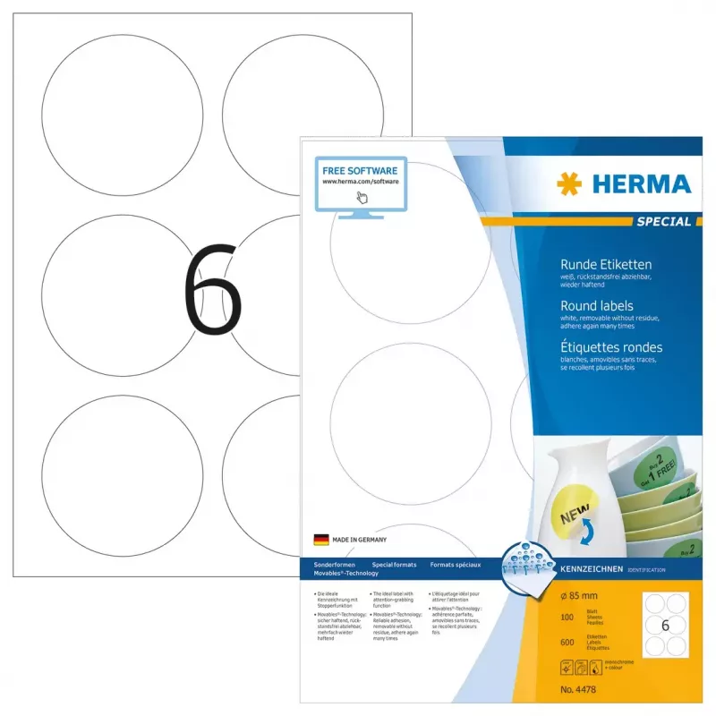 Etiquetas removíveis HERMA A4 Ø 85 mm redondas branco 600 unidades
