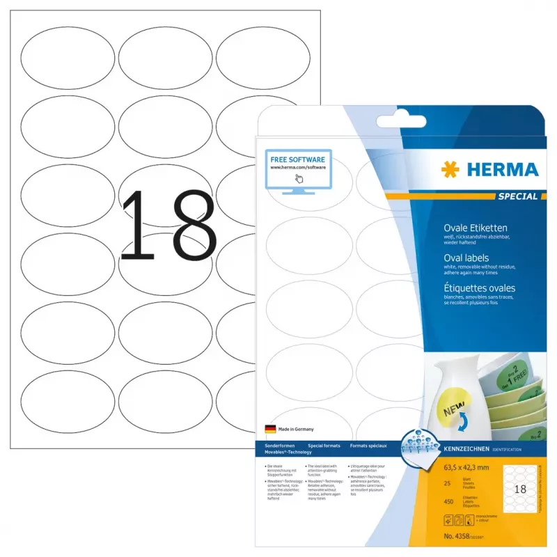 Etiquetas autocolantes HERMA removíveis A4 63,5x42,3 mm 450 unidades
