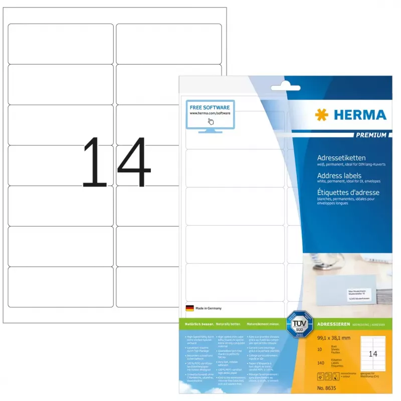 Etiquetas de endereço Premium HERMA A4 99,1x38,1 mm 140 unidades