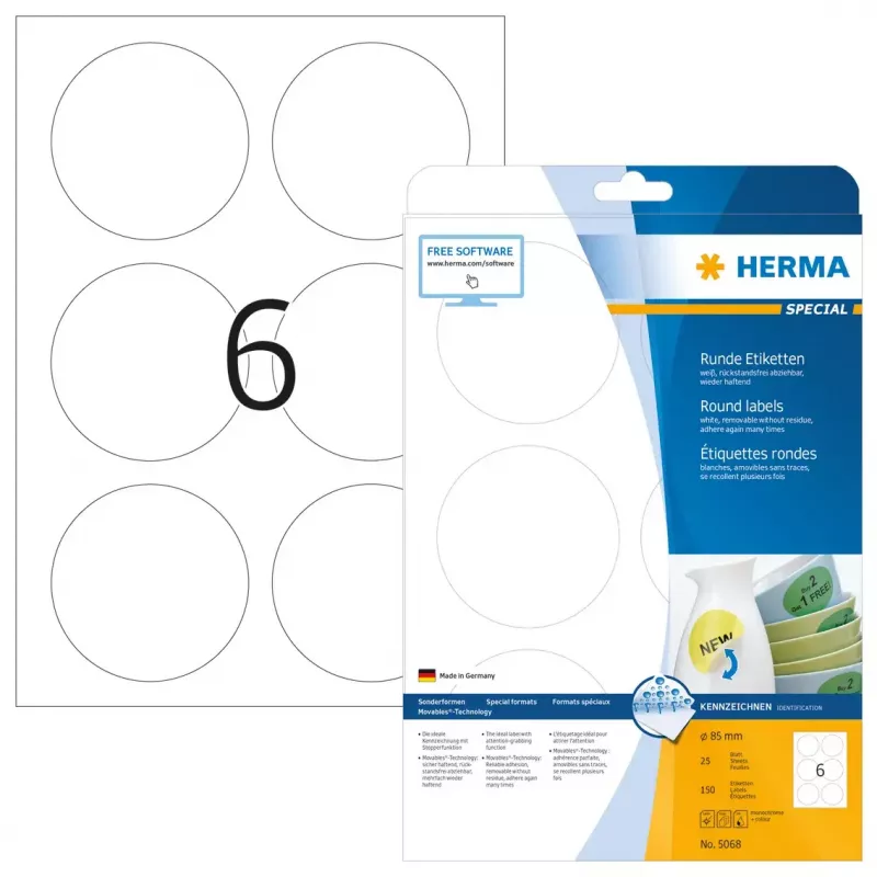 Etiquetas removíveis HERMA A4 Ø 85 mm redondas branco 150 unid.