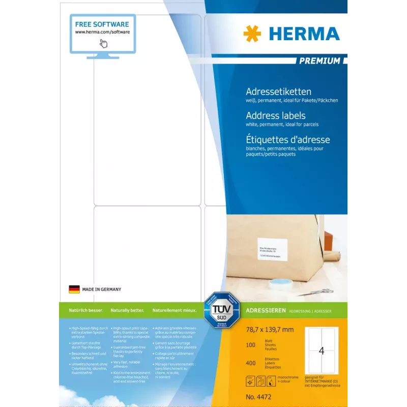 Etiquetas de endereço Premium HERMA 4472 A4 78,7x139,7 mm 400 unid.