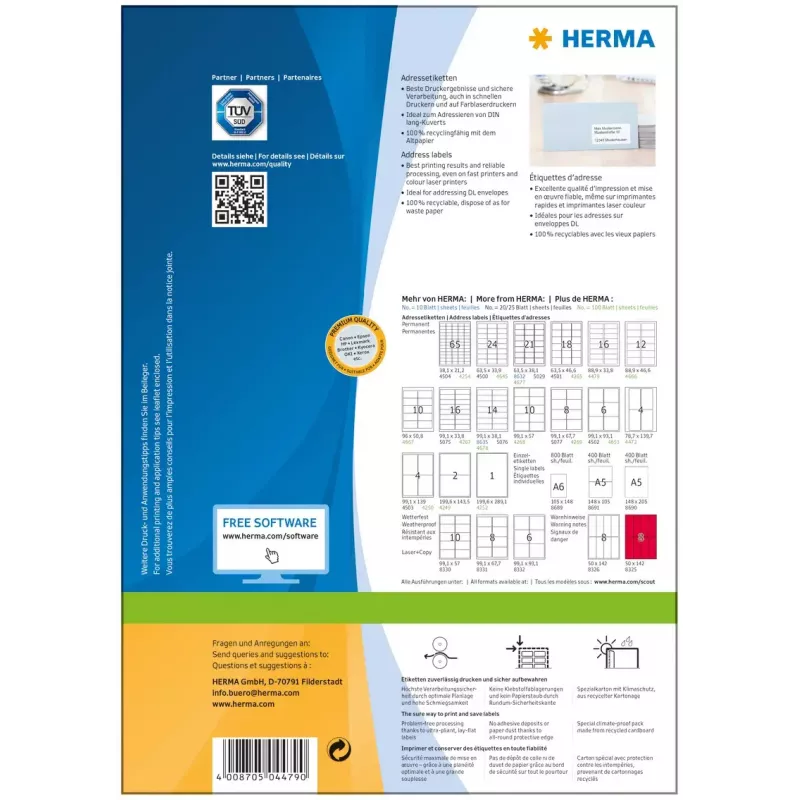 Etiquetas de endereço Premium HERMA A4 88,9x33,8 mm 1600 unid.