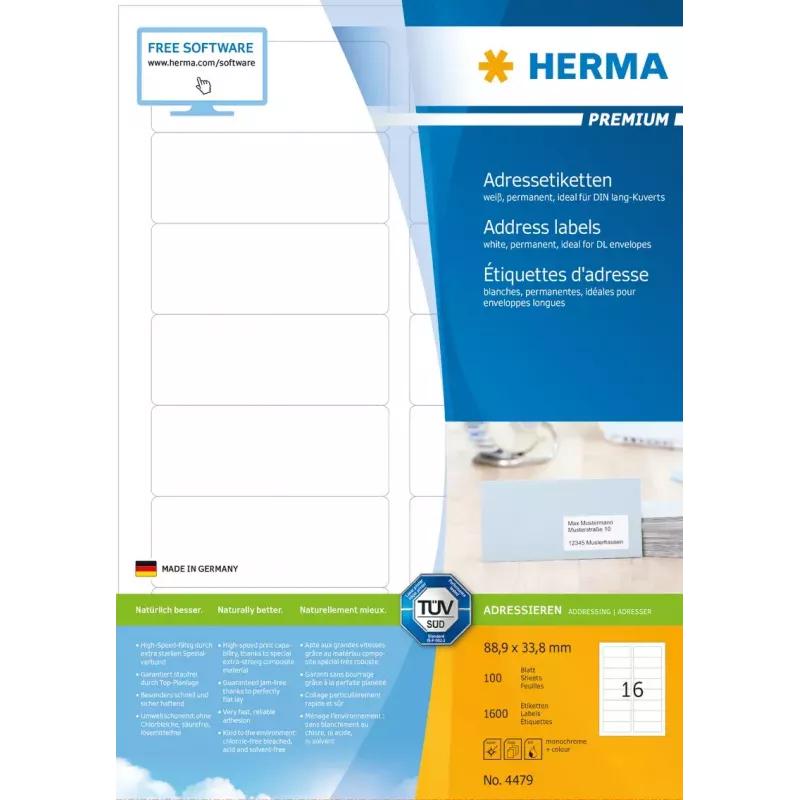 Etiquetas de endereço Premium HERMA A4 88,9x33,8 mm 1600 unid.