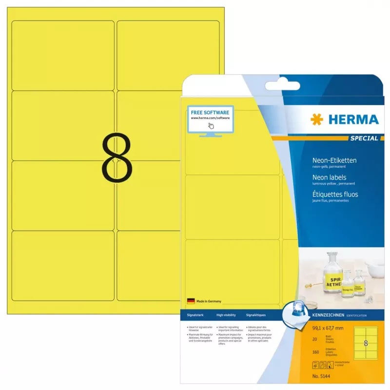 Etiquetas HERMA Neon A4 99,1x67,7 mm amarelo vivo 160 unid.