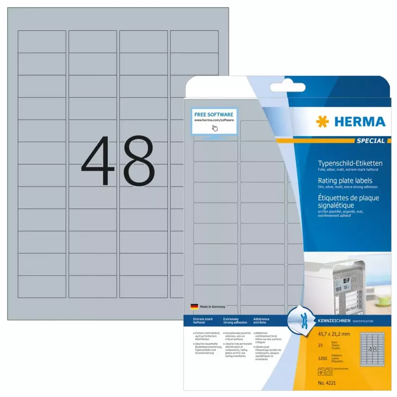 Etiquetas de placa de identificação HERMA 4221 A4 45,7x21,2 mm prateado
