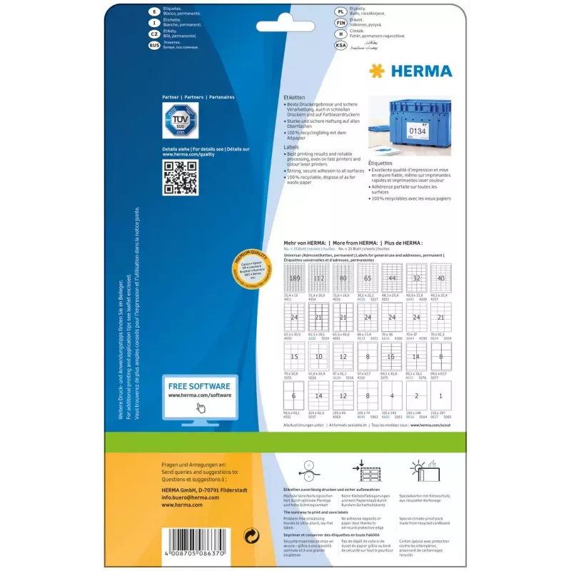 Etiquetas autocolantes para impressora HERMA Etiquetas Premium A4 210x297 mm branco papel mate 10 unid.