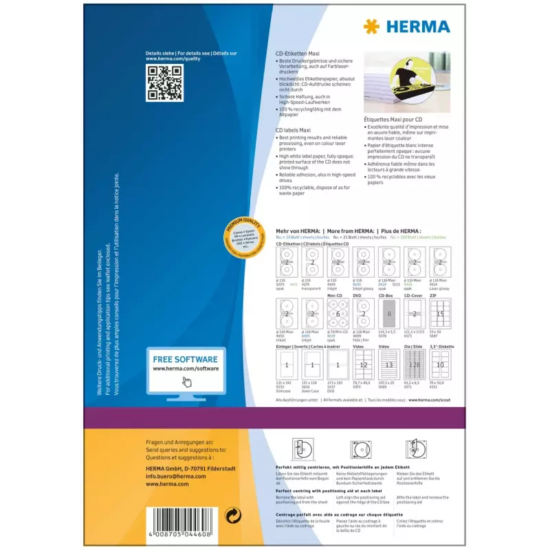 Etiquetas autocolantes para impressora HERMA Etiquetas para CD Maxi A4 Ø 116 mm