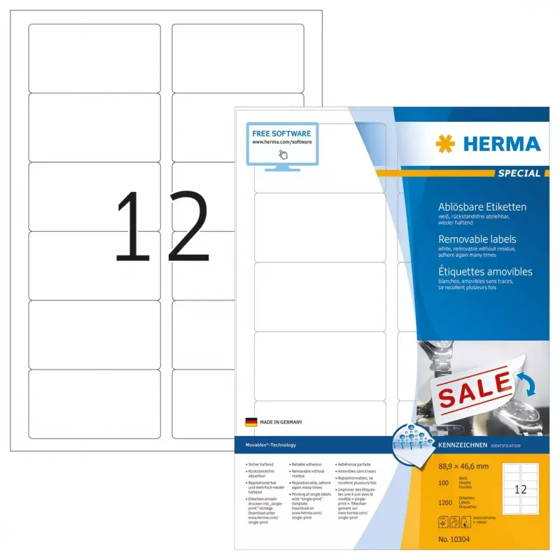 Etiquetas removíveis HERMA A4 88,9x46,6 mm branco Movables 1200 unid.