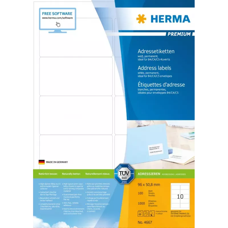 Etiquetas de endereço Premium HERMA A4 96x50,8 mm 1000 unid.