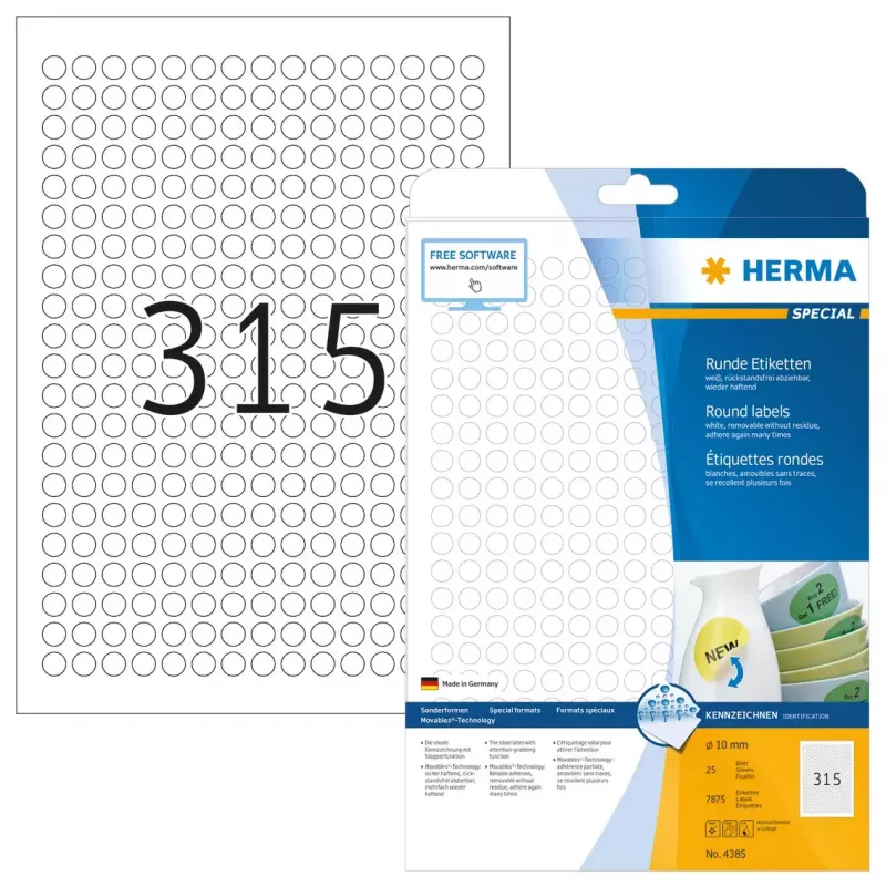 Etiquetas autocolantes HERMA removíveis A4 Ø 10 mm redondas branco