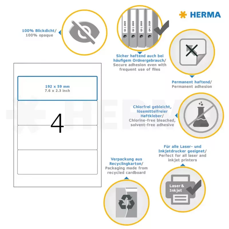 Etiquetas autocolantes para impressora HERMA Etiquetas para dossiês A4 192x59 mm