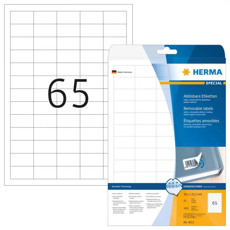 Etiqueta autocolante para impressora HERMA 1625 unid. A4 38,1x21,2 mm