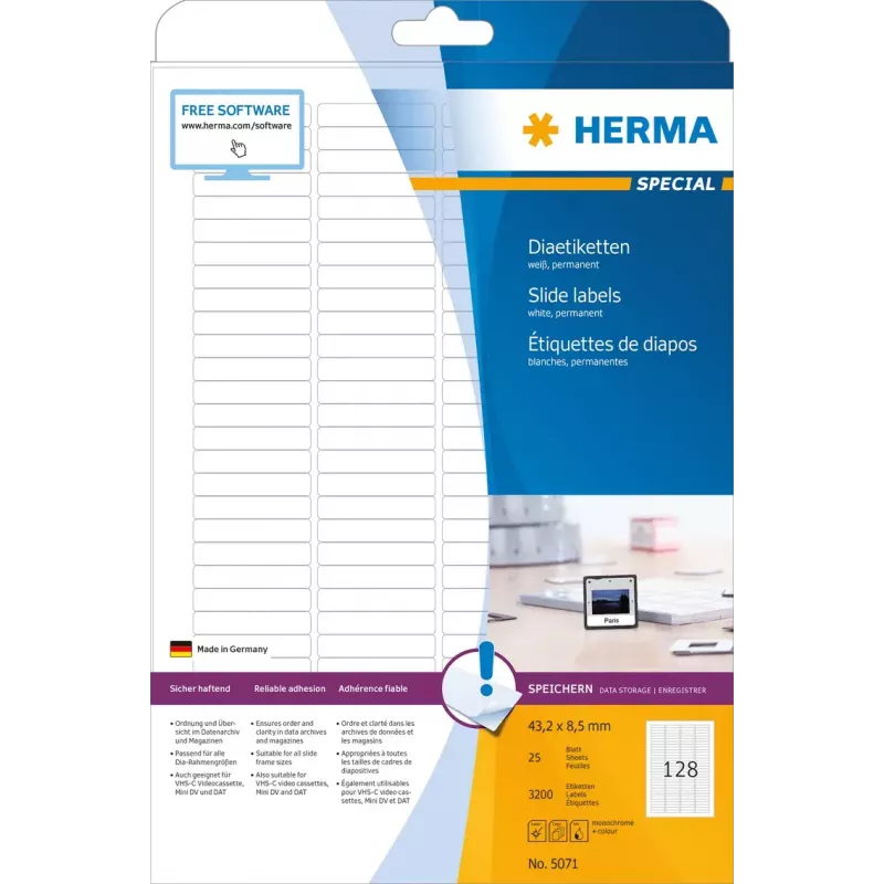 Etiquetas para diapositivos HERMA A4 43,2 x 8,5 mm papel branco mate 3200 unid.