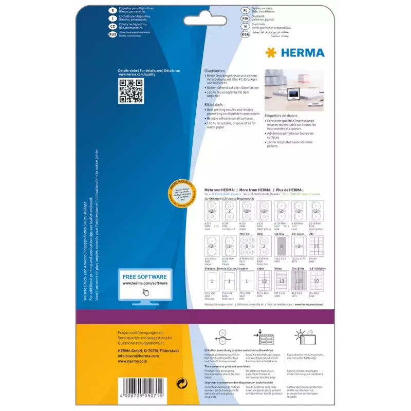 Etiquetas para diapositivos HERMA A4 43,2 x 8,5 mm papel branco mate 3200 unid.