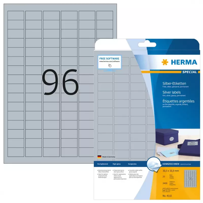 Etiquetas autocolantes para impressora HERMA Labels A4 30,5x16,9 mm prateado película brilhante 2400 unid.