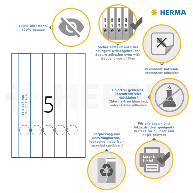 Etiquetas para dossiês HERMA A4 34x297 mm branco papel mate opaco 125 unid.